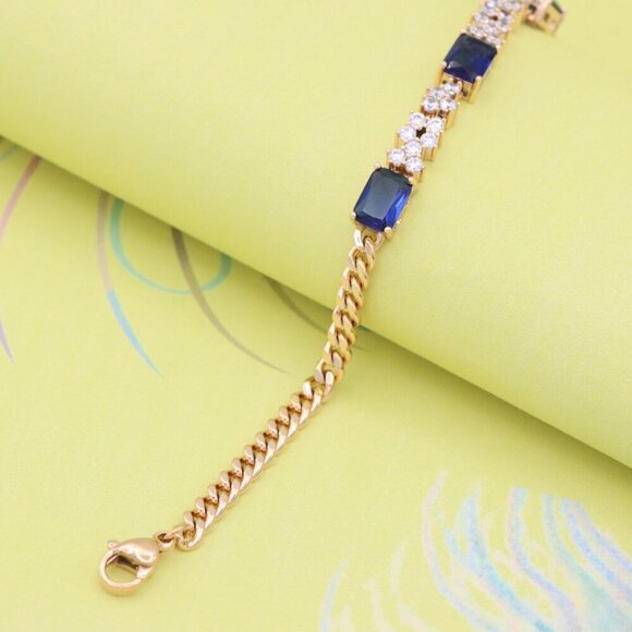 Rose Gold Chain Bracelet with Blue Emerald Cut & CZ, Luxe Contrast Look,XPBL0746 - Picture 4 of 12